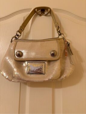 Coach Poppy Pearl Opalescent Sequin Shoulder Bag with Leather Trim